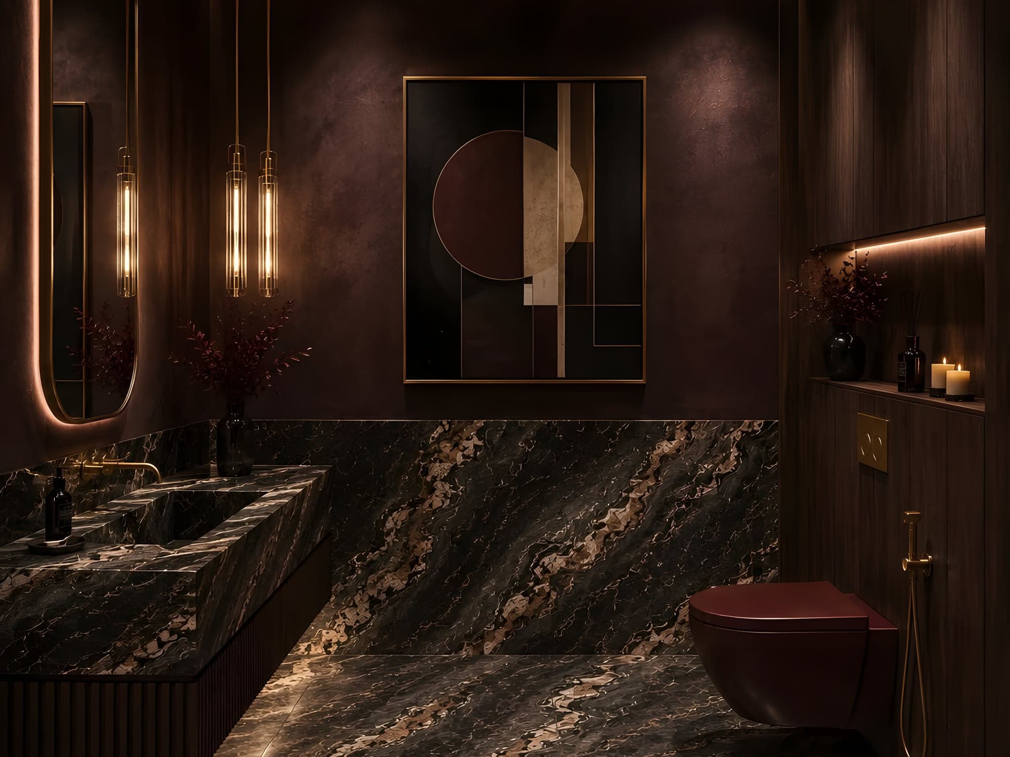 Визуализация: ванная в тёмном мраморе с латунью — Banyan Tree Residences